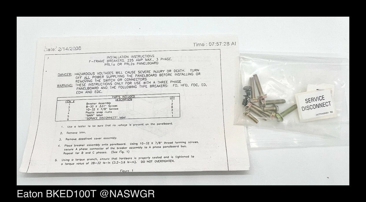 Eaton BKED100T Main or Subfeed Breaker Kit - 100 Amp - Unused Surplus ED3100BP10
