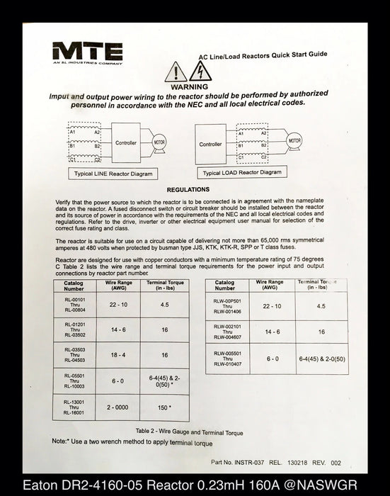 Eaton DR2-4160-05 / MTE Corp. RL-16003 Three Phase Reactor - Surplus