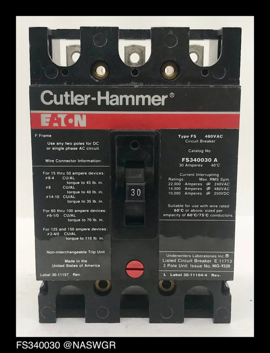 Cutler Hammer FS340030A Molded Case Circuit Breaker - 30 Amp-Tested/1Yr Warranty