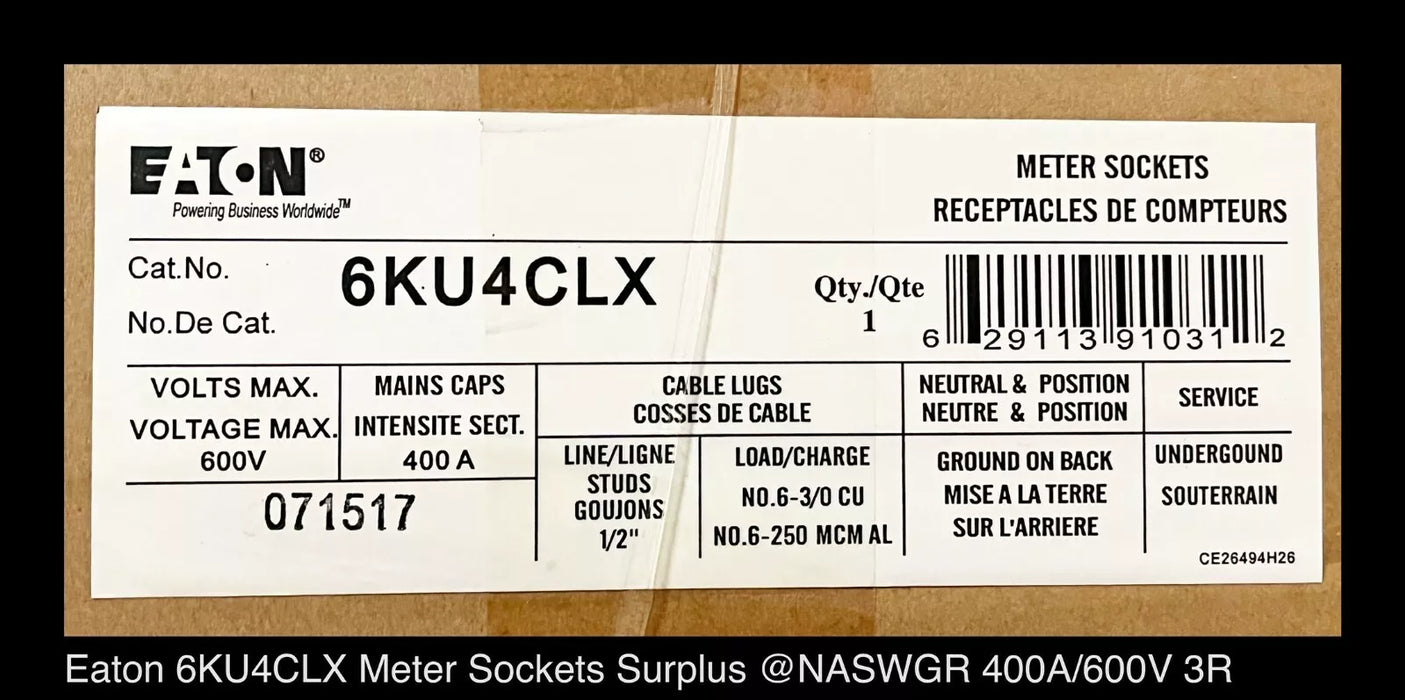 Eaton 6KU4CLX Multi-Gang Meter Socket - 400A/600V/N3R/6Gang - Unused