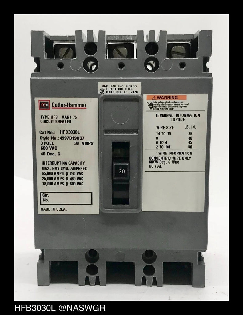 Cutler Hammer HFB3030L Molded Case Circuit Breaker - 30 Amp -Tested/1Yr Warranty