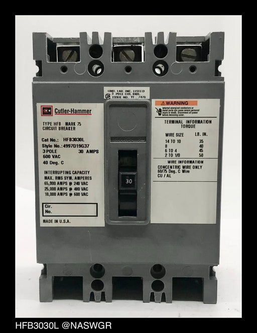Cutler Hammer HFB3030L Molded Case Circuit Breaker - 30 Amp -Tested/1Yr Warranty