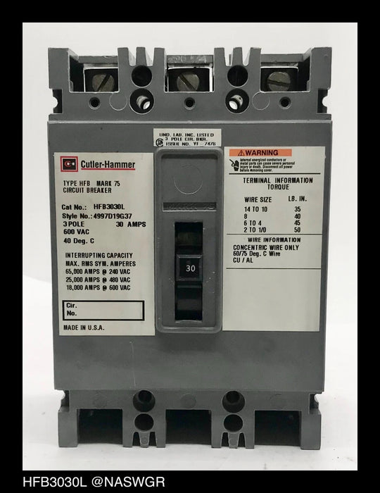 Cutler Hammer HFB3030L Molded Case Circuit Breaker - 30 Amp -Tested/1Yr Warranty