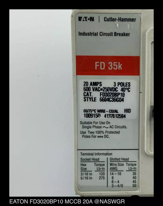 Eaton FD3020BP10 Molded Case Circuit Breaker - 20 Amp