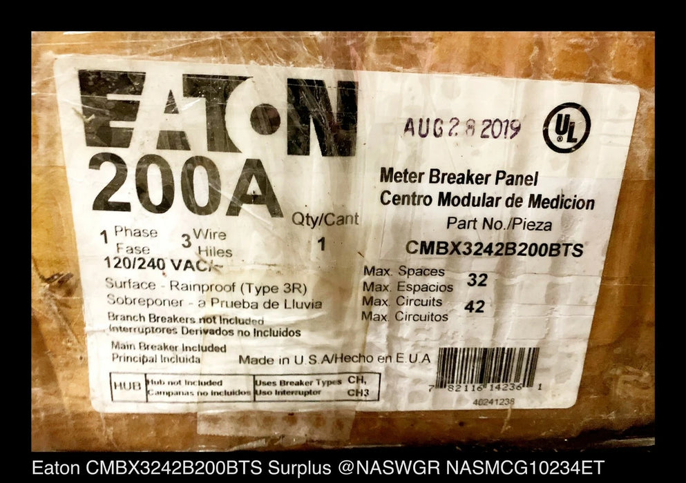 Eaton CMBX3242B200BTS Residential Meter Breaker - 200A/240V/N3R - Unused