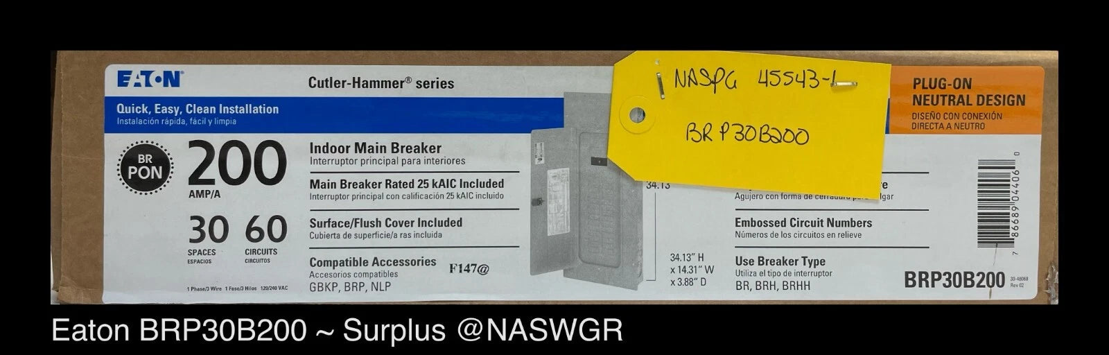 Eaton BRP30B200 200A BR Main Breaker Load Center - Surplus