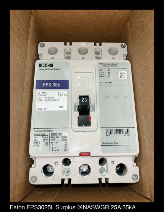 Eaton FPS3025L Molded Case Circuit Breaker - 25 Amp - Unused Surplus