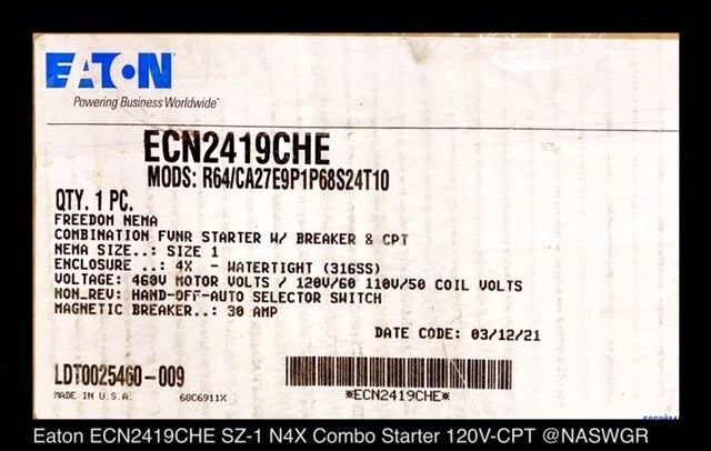 Eaton ECN2419CHE NON-REVERSING FVNR STARTER 30A/468V/120/60 110V/50 COIL VOLTS