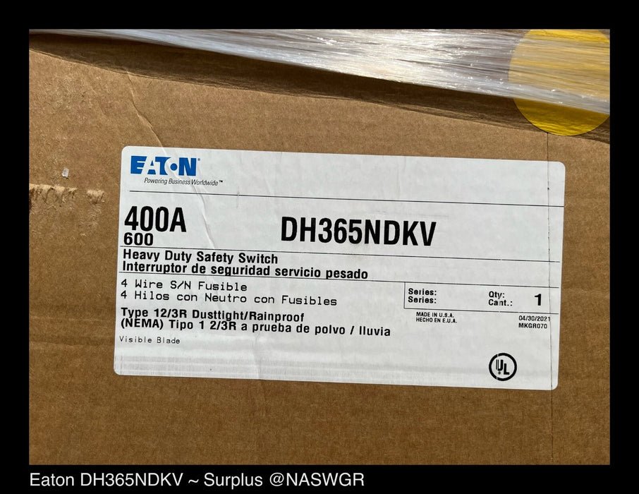 Eaton DH365NDKV Heavy Duty Safety Switch - 400A/600V/3P4W/N12/3R - Unused