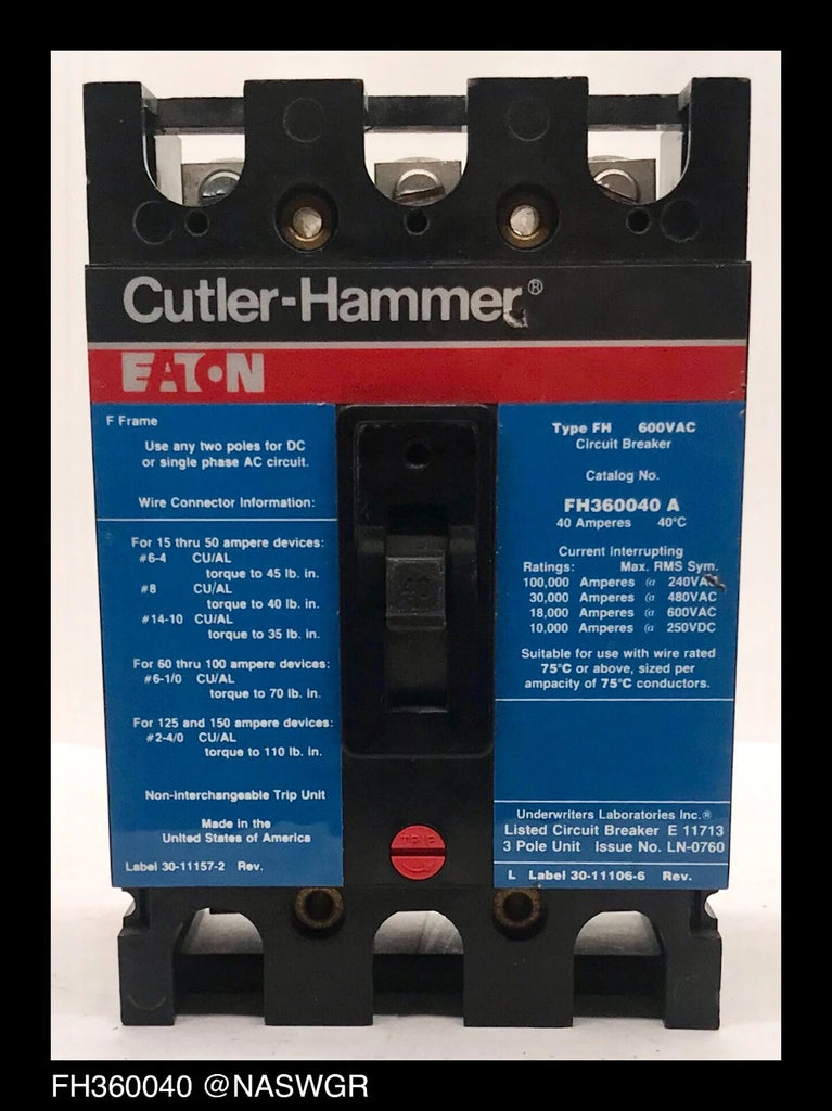 Cutler Hammer FH360040A Molded Case Circuit Breaker - 40 Amp-Tested/1Yr Warranty