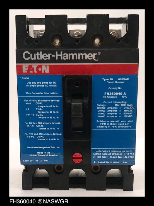 Cutler Hammer FH360040A Molded Case Circuit Breaker - 40 Amp-Tested/1Yr Warranty