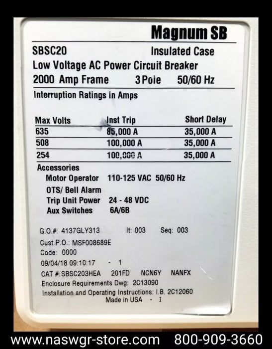 Eaton Magnum SB SBSC20 Circuit Breaker (E/O,B/I) - 2000 Amp - Unused