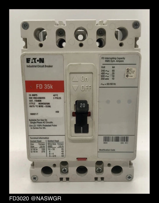 Eaton FD3020 Molded Case Circuit Breaker - 20 Amp