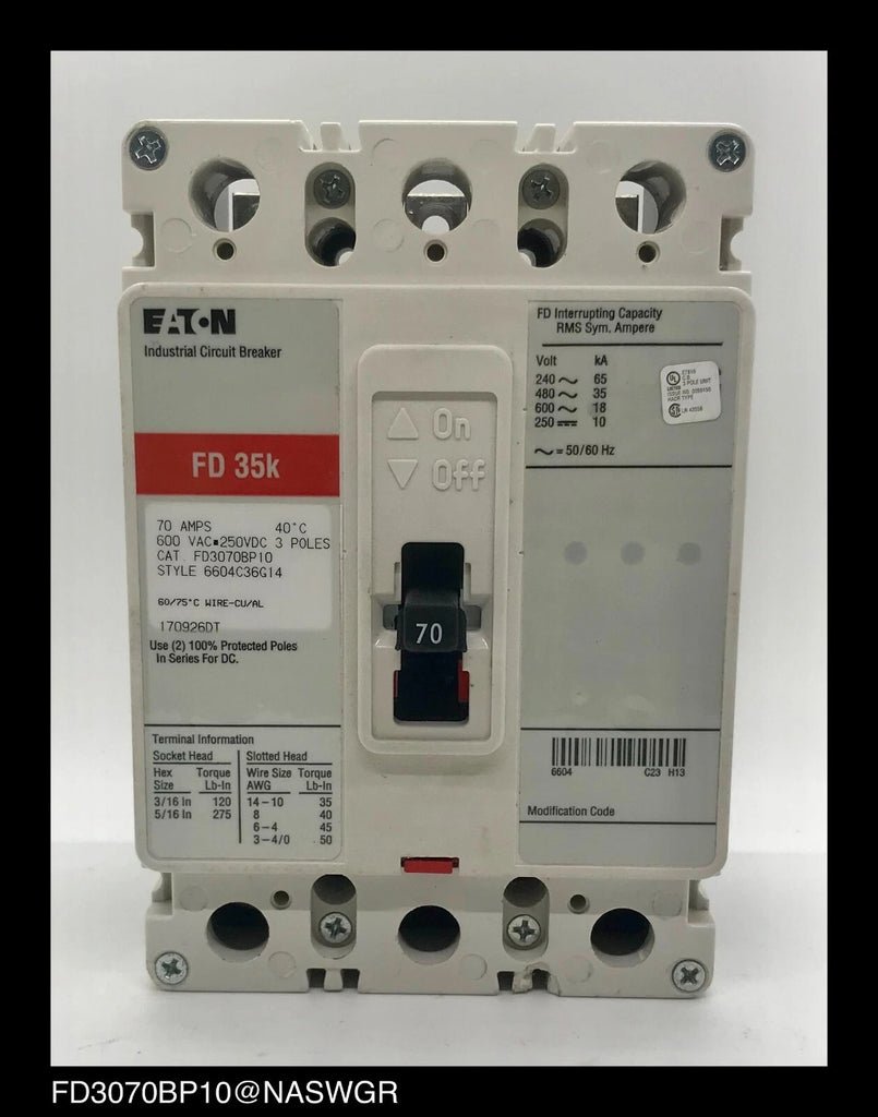 Eaton FD3070BP10 Molded Case Circuit Breaker - 70 Amp - Tested/1Yr Warranty