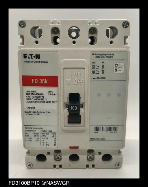 Eaton FD3100BP10 Molded Case Circuit Breaker - 100 Amp