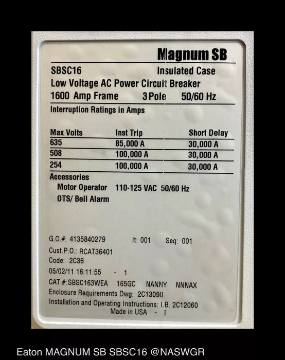 Eaton Magnum SB SBSC16 Circuit Breaker (E/O,D/O) - 1600 Amp