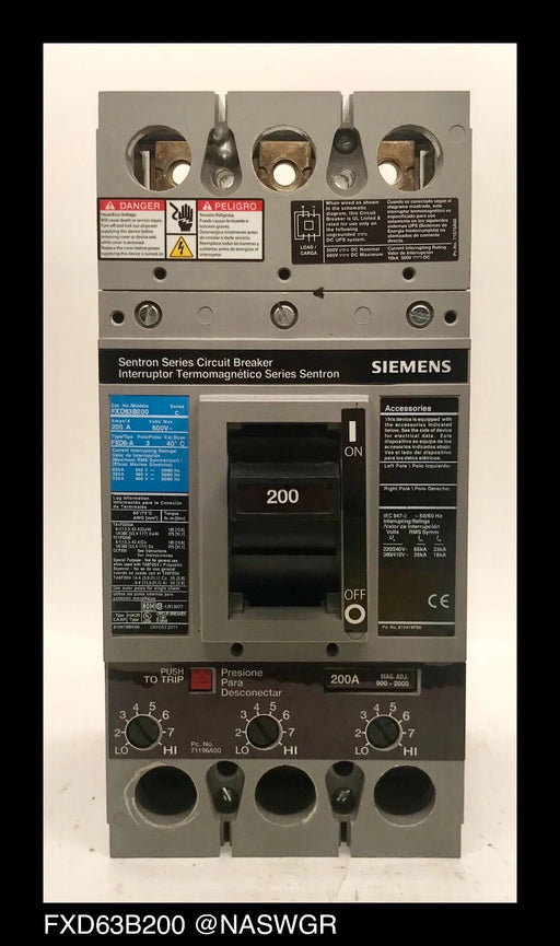 Siemens FXD63B200 Molded Case Circuit Breaker - 200 Amp - Tested/1 Year Warranty