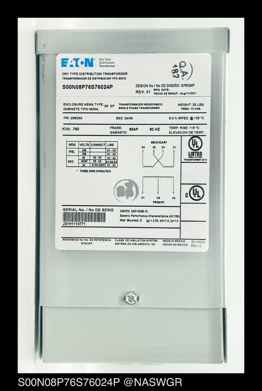 Eaton S20N08P76P Dry Type Distribution Transformer - P:208/240V S:24/48V