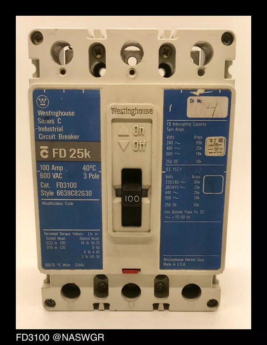 Westinghouse FD3100 Molded Case Circuit Breaker - 100 Amp