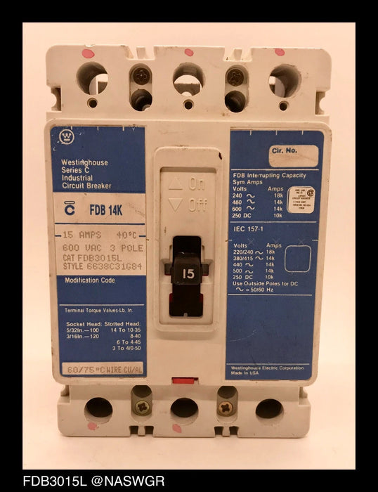 Westinghouse FDB3015L Molded Case Circuit Breaker - 15 Amp