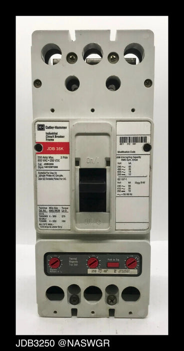 Cutler Hammer JDB3250F Molded Case Circuit Breaker - 250 Amp-Tested/1Yr Warranty