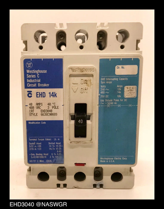 Westinghouse EHD3040 Molded Case Circuit Breaker - 40 Amp