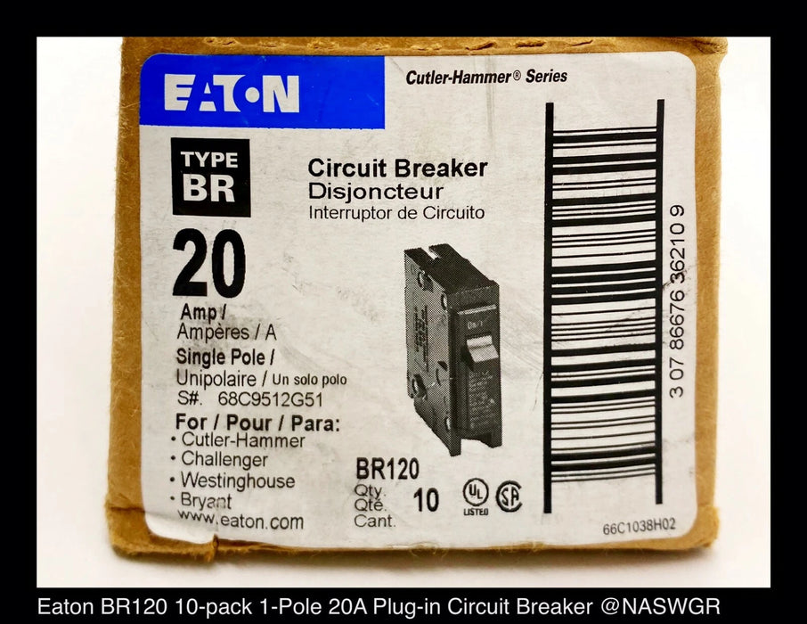 Eaton BR120 Molded Case Circuit Breaker - 20 Amp - 10 Pack - Unused Surplus