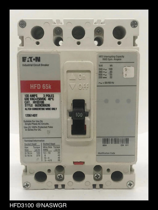 Eaton HFD3100 Molded Case Circuit Breaker - 100 Amp - Tested/1Yr Warranty