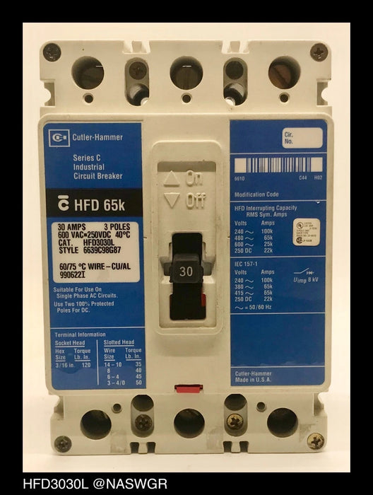 Cutler-Hammer HFD3030L Molded Case Circuit Breaker - 30 Amp