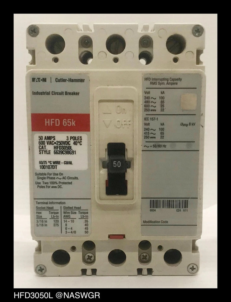 Eaton HFD3050L Molded Case Circuit Breaker - 50 Amp - Tested/1Yr Warranty