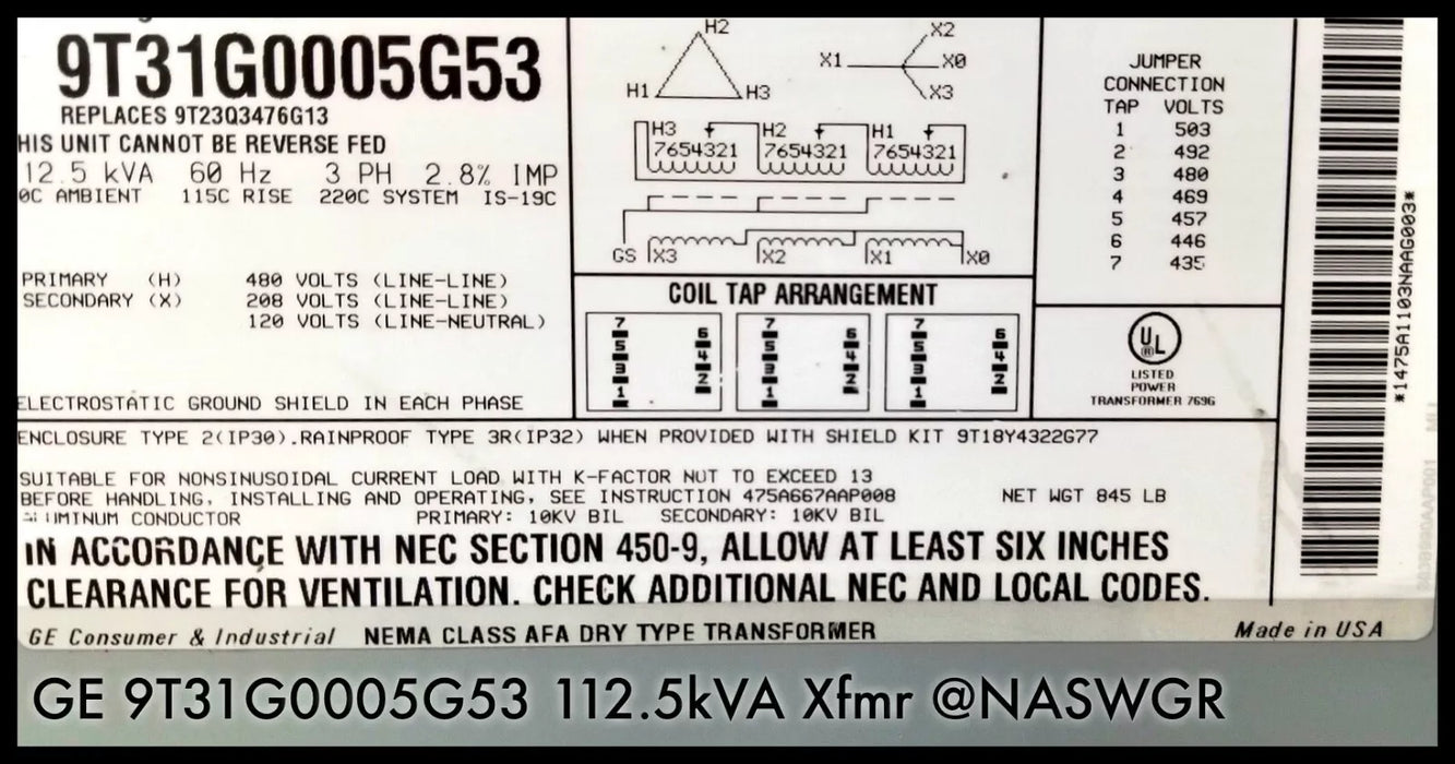 GE 9T31G0005G53 112.5kVA K-Factor Transformer - 480V-208/120Y Primary Switch