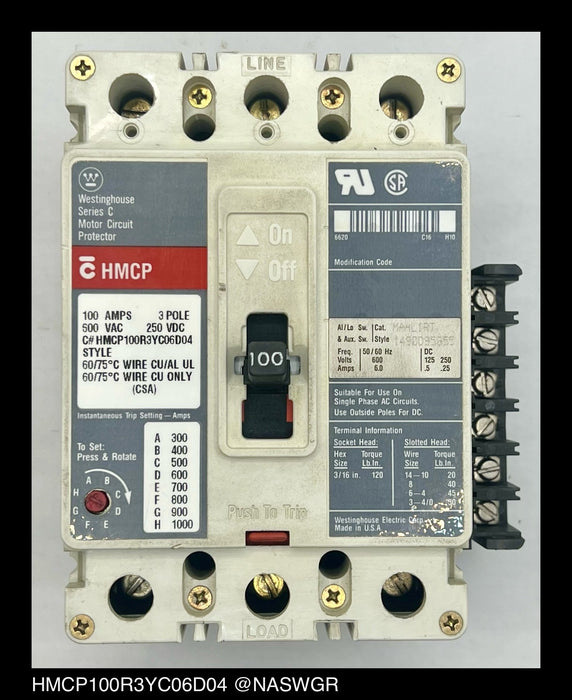 Westinghouse HMCP100R3YC06D04 Motor Circuit Protector - 100 Amp