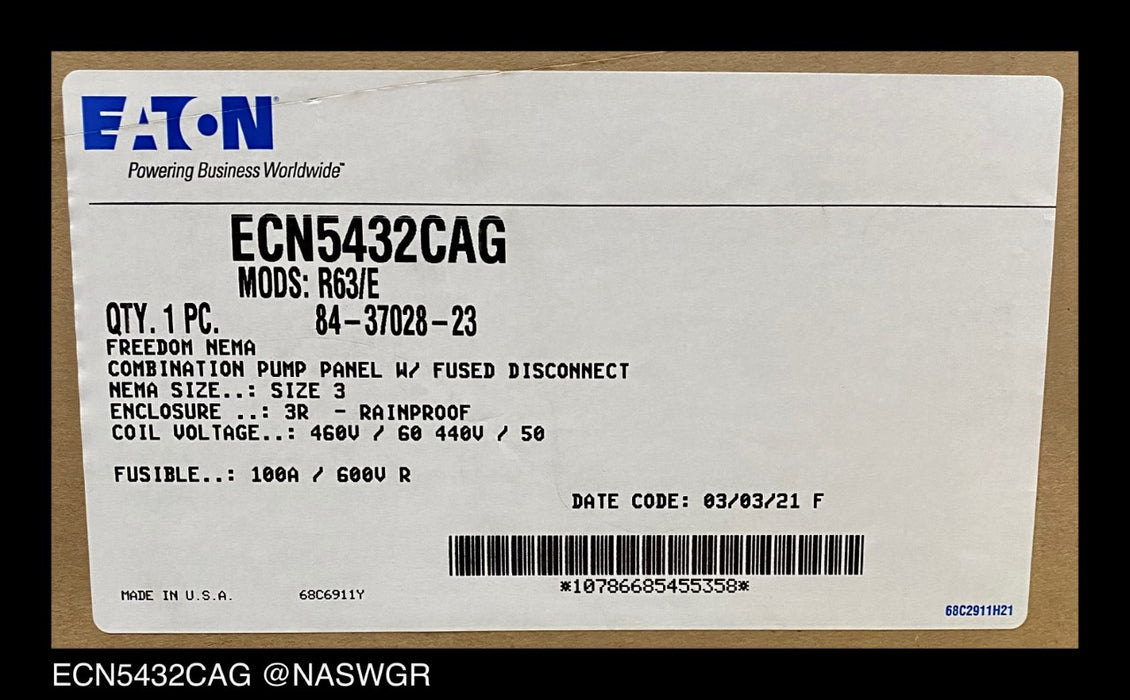 Eaton ECN5432CAG Industrial Pump Panel - 100A/SIZE3/460vAC - Unused