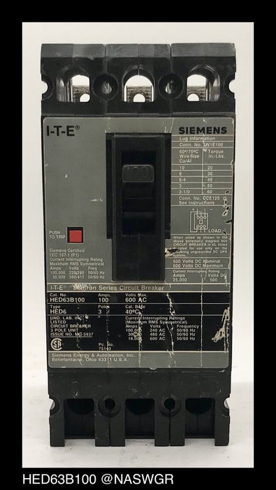 Siemens HED63B100 Molded Case Circuit Breaker ~ 100 Amp