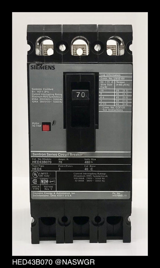 Siemens HED43B070 Molded Case Circuit Breaker ~ 70 Amp