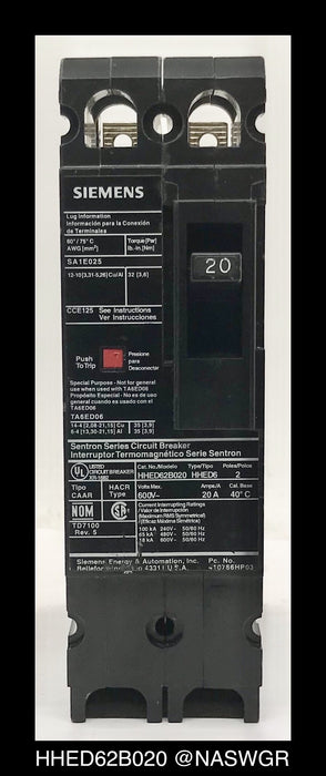 Siemens HHED62B020 Molded Case Circuit Breaker ~ 20 Amp