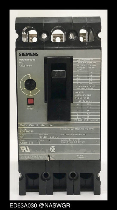 Siemens ED63A030 Motor Circuit Interrupter ~ 30 Amp