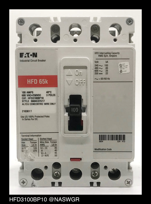 Eaton HFD3100BP10 Molded Case Circuit Breaker - 100 Amp