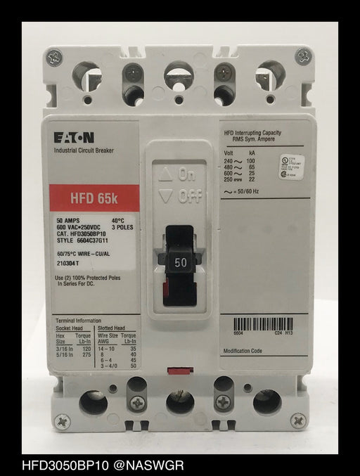 Eaton HFD3050BP10 Molded Case Circuit Breaker ~ 50 Amp