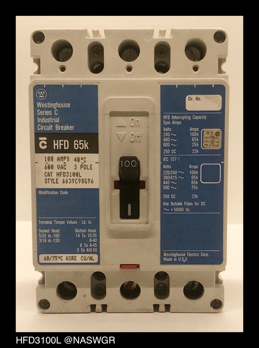 Westinghouse HFD3100L Molded Case Circuit Breaker - 100 amp