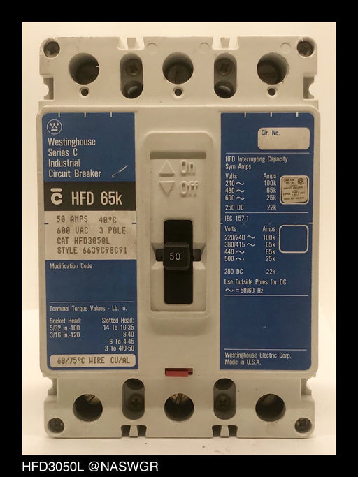 Westinghouse HFD3050L Molded Case Circuit Breaker ~ 50 Amp