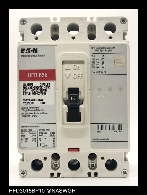 Eaton HFD3015BP10 Molded Case Circuit Breaker ~ 15 Amp