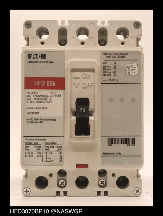 Eaton HFD3070BP10 Molded Case Circuit Breaker ~ 70 Amp