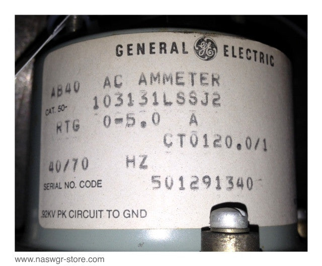 50-103131LSSJ2 , GE 103131LSSJ2 AC Amperes Meter , 6477K34060 , AB40 , RTG 0-5.0 , 40/70 Hz , 0-600 Amperes , PN: 50-103131LSSJ2