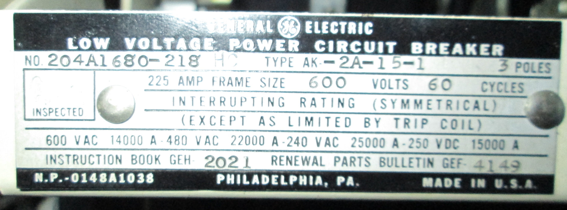 General Electric AK-2A-15-1 Circuit Breaker (M/O,D/O) - 225 Amp