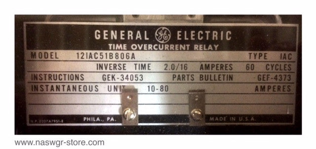 12IAC51B806A , GE 12IAC51B806A Time Overcurrent Relay , Unused Surplus in Box