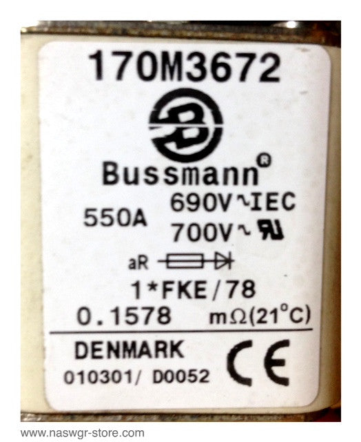 170M3672 , Bussmann 170M3672 Fuse with Overload , 550A , 690V IEC , 0.1558 , Denmark 010301 / D0002 , PN: 170M3672
