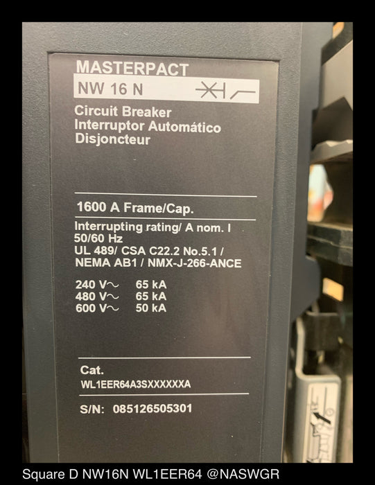Square D MasterPact NW16N Breaker (M/O,D/O) ~ 1600 Amp