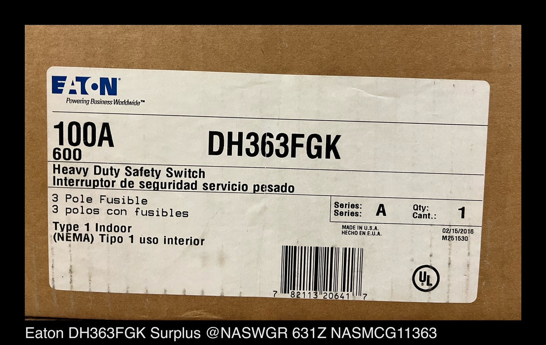 Eaton DH363FGK Heavy Duty Safety Switch - 100A/600V/3P/N1 - Unused