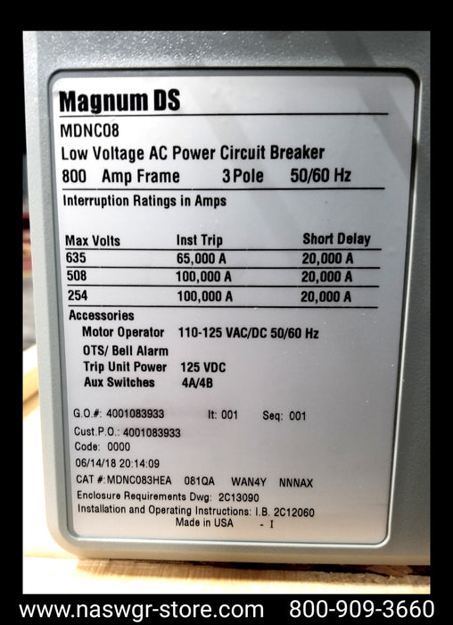 Eaton Magnum DS MDNC08 Circuit Breaker (E/O,B/I) - 800 Amp - Unused